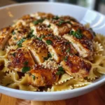 Garlic Butter Chicken served with bowtie pasta on a plate.