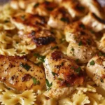 Garlic Butter Chicken served over Bowtie Pasta garnished with herbs