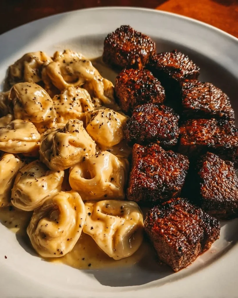 Garlic butter steak bites served with creamy Alfredo tortellini on a plate.