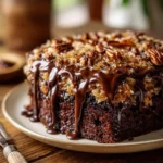 Delicious German Chocolate Poke Cake Squares topped with coconut and pecans.