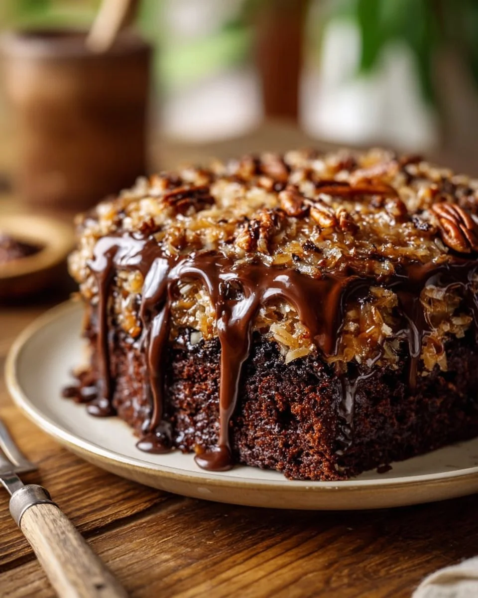 Delicious German Chocolate Poke Cake Squares topped with coconut and pecans.