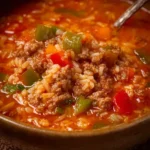 Bowl of hearty stuffed pepper soup with colorful peppers and herbs