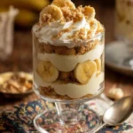 No bake banana cream pie cups topped with whipped cream and banana slices