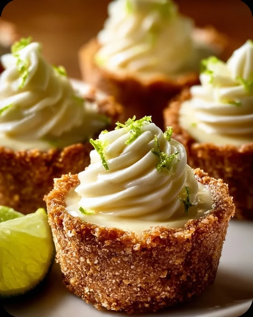 No-bake mini key lime pies with a graham cracker crust and lime slices