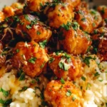 Delicious Honey Garlic Chicken Bites served with creamy Parmesan rice.