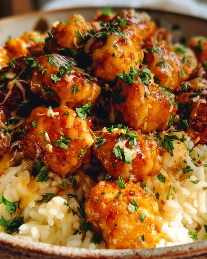 Delicious Honey Garlic Chicken Bites served with creamy Parmesan rice.