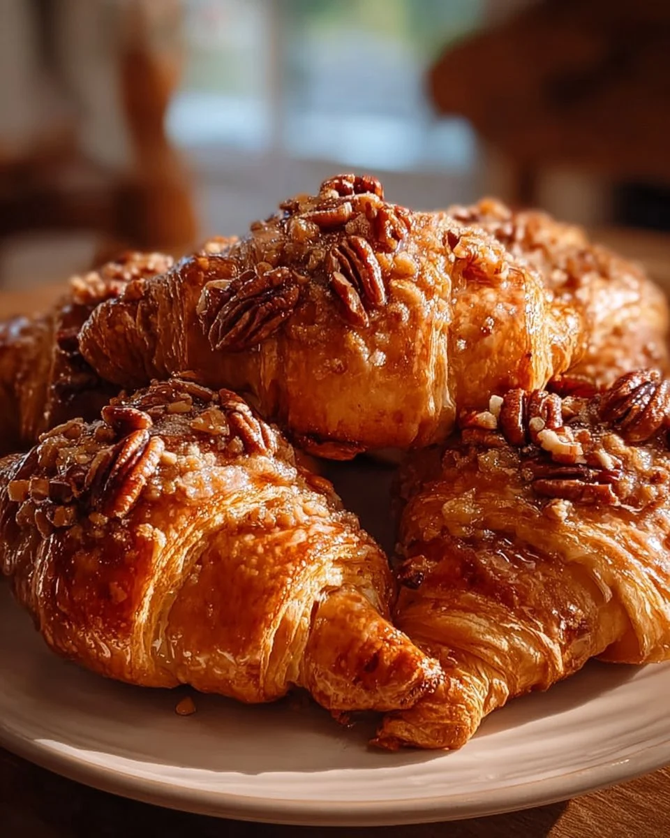 Freshly baked Honey Pecan Croissants with honey glaze and pecan topping
