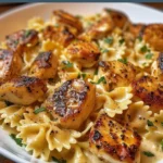 Mozzarella garlic butter chicken served with bowtie pasta in cheesy cream sauce