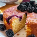 Slice of Lemon Blackberry Cake topped with fresh blackberries and lemon zest
