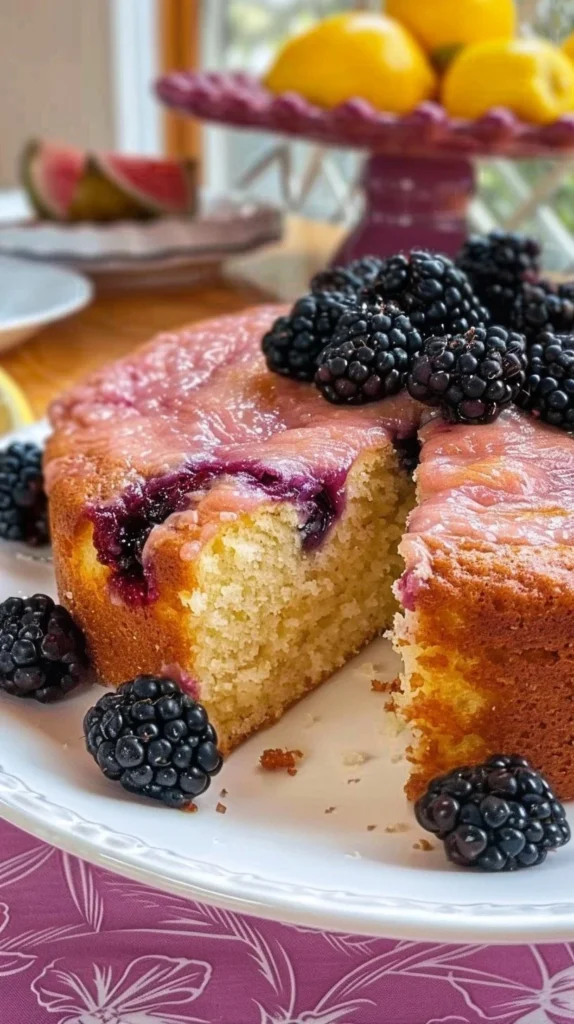 Slice of Lemon Blackberry Cake topped with fresh blackberries and lemon zest