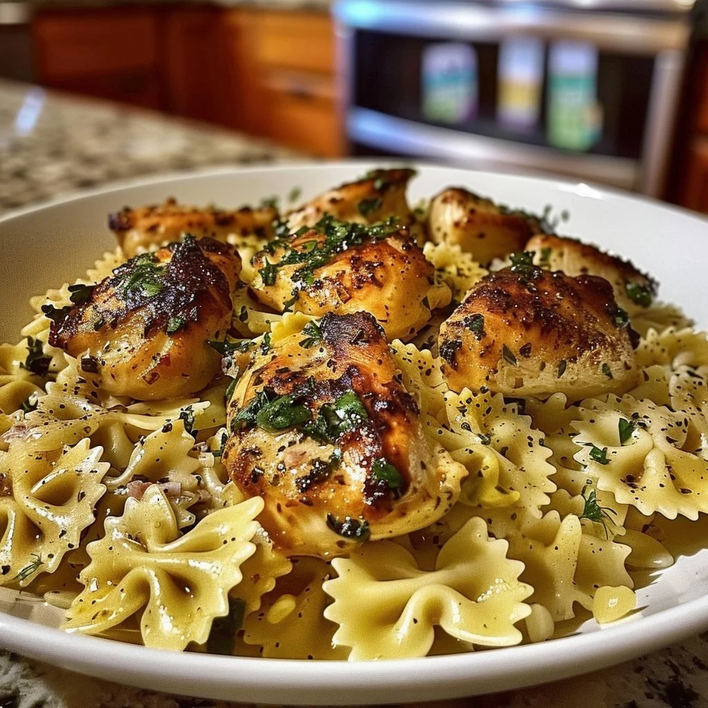 Lemon Garlic Chicken served with creamy bowtie pasta in a delicious dish
