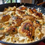 Delicious Mozzarella Garlic Butter Chicken Bowties served in a bowl