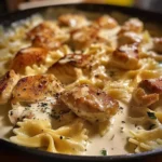 Mozzarella Garlic Butter Chicken Bowties in Cheesy Cream dish