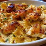 Plate of Mozzarella Garlic Butter Chicken Bowties in creamy sauce