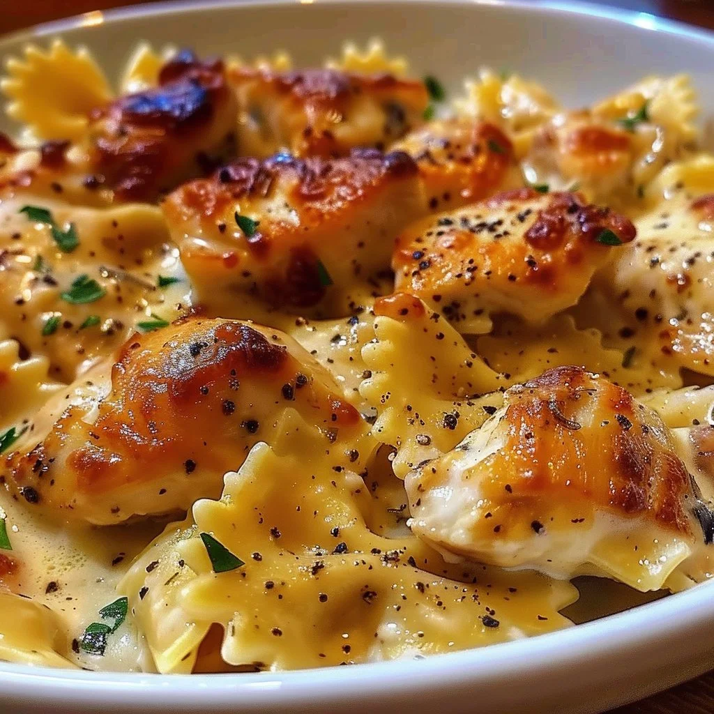 Plate of Mozzarella Garlic Butter Chicken Bowties in creamy sauce
