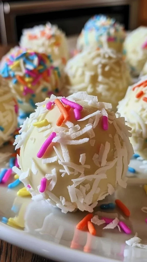 No-Bake Coconut Cream Easter Balls coated in coconut flakes.