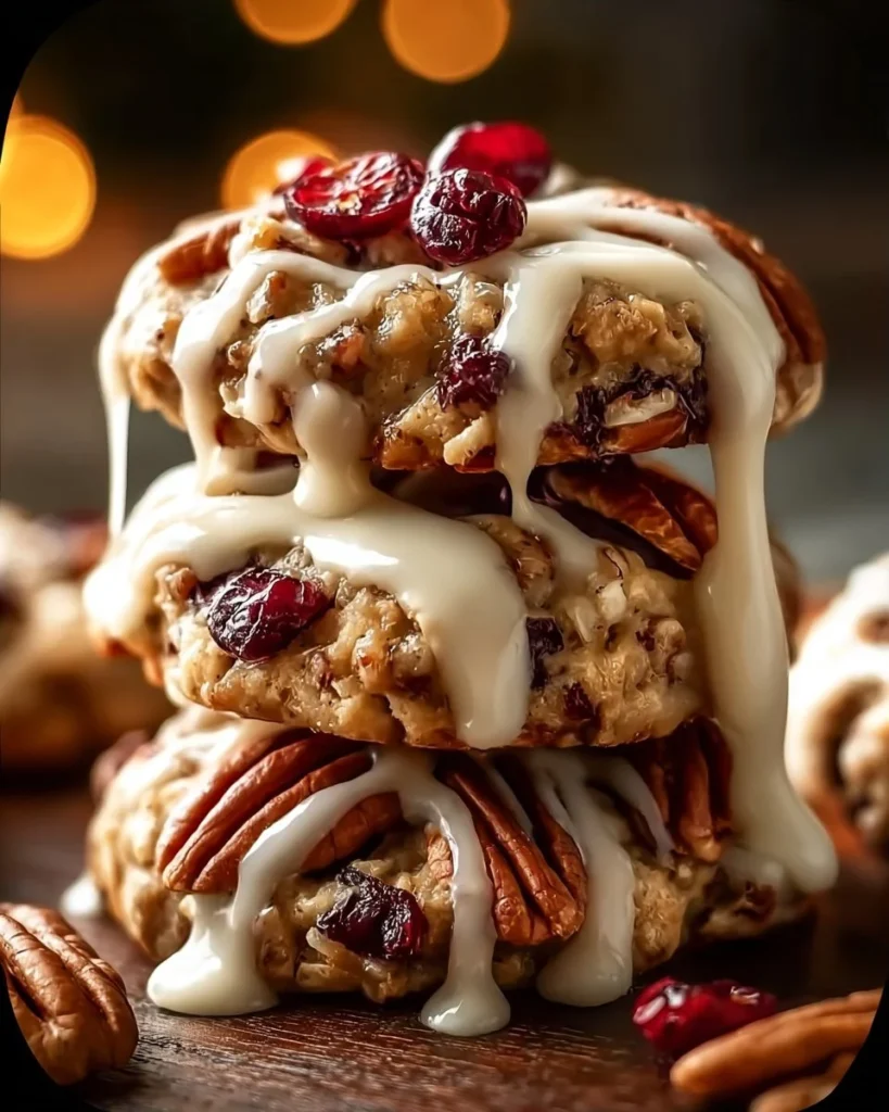 No-bake cranberry pecan cookies topped with praline for a delicious treat