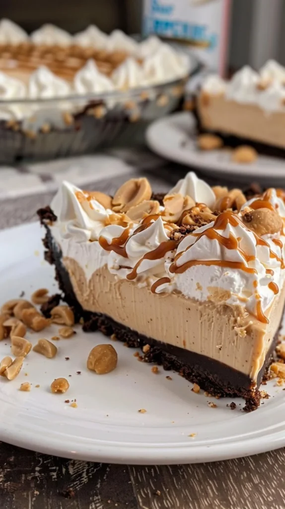 Delicious no bake peanut butter pie garnished with chocolate and peanuts