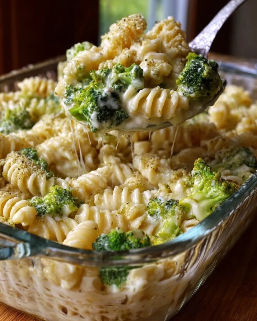 Delicious No-Boil Broccoli Pasta Bake served in a baking dish