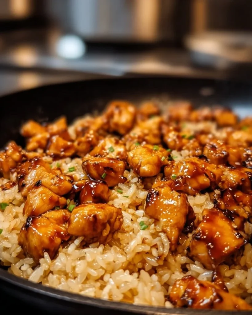 One-Pan Honey BBQ Chicken Rice dish garnished and ready to serve.