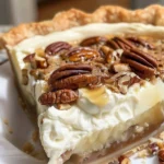 A delicious slice of Pecan Cream Pie topped with whipped cream and pecans.