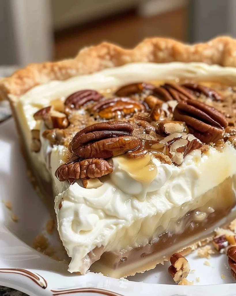 A delicious slice of Pecan Cream Pie topped with whipped cream and pecans.