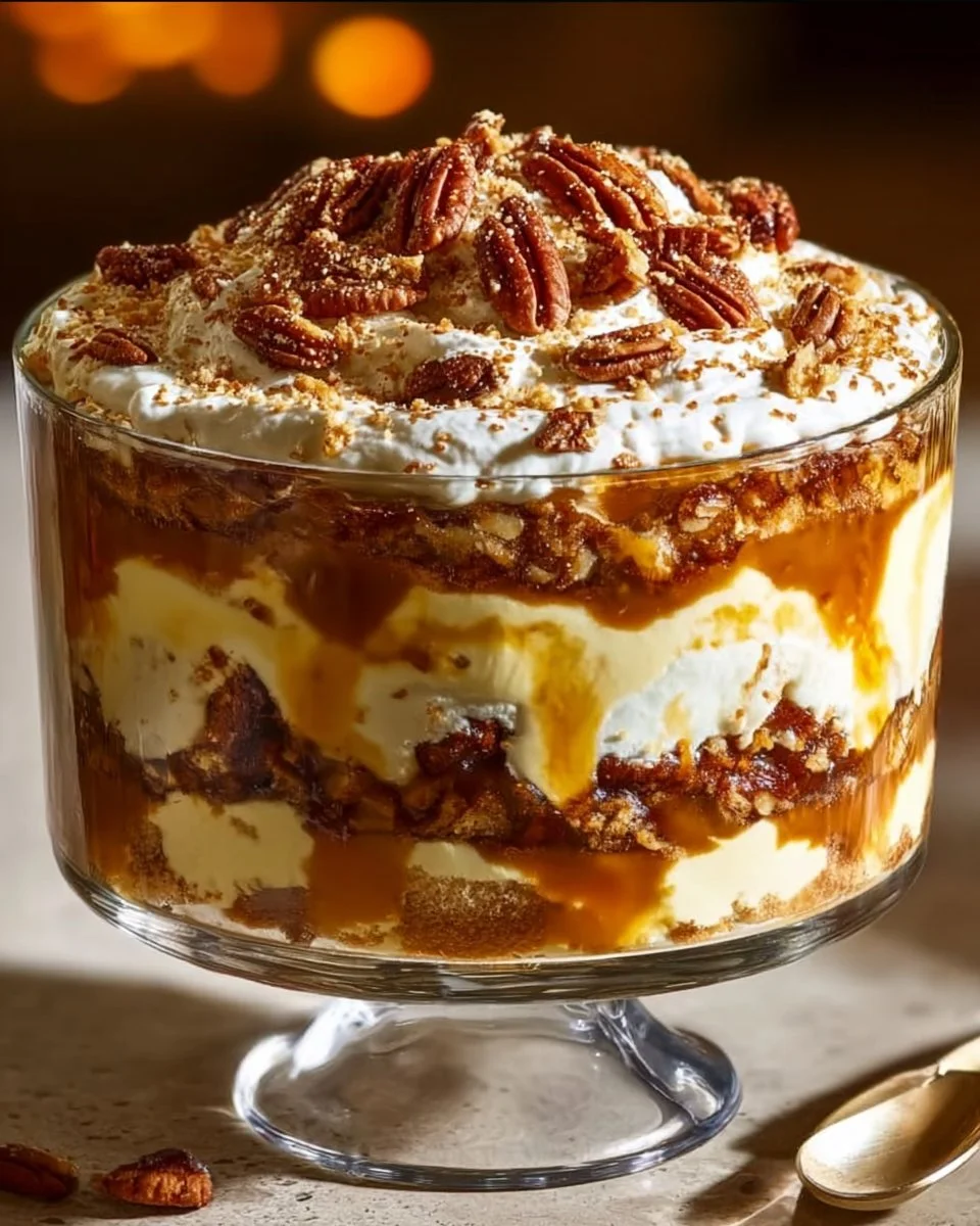 Delicious Pecan Pie Cheesecake Trifle with layers of cream and pecans