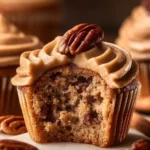 Delicious pecan pie cupcakes topped with brown sugar frosting on a rustic wooden table