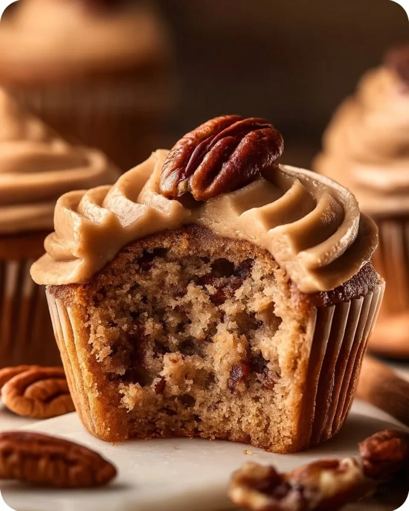 Delicious pecan pie cupcakes topped with brown sugar frosting on a rustic wooden table