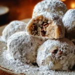 Delicious Pecan Snowball Cookies dusted with powdered sugar on a plate.