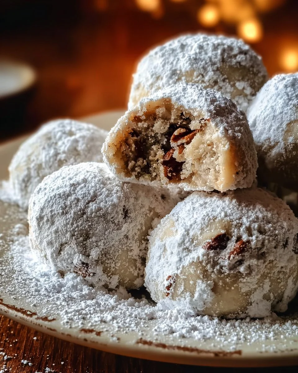 Delicious Pecan Snowball Cookies dusted with powdered sugar on a plate.