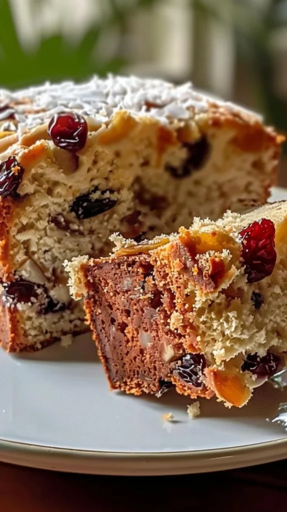 Rich and moist coconut and mixed fruit traditional cake slice