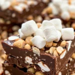 Homemade Rocky Road Fudge with chocolate, marshmallows, and nuts