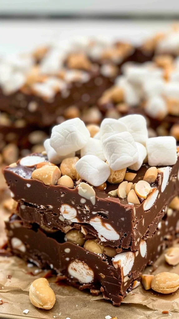 Homemade Rocky Road Fudge with chocolate, marshmallows, and nuts