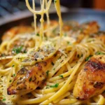 A bowl of Garlic Butter Chicken Pasta with herbs and cheese