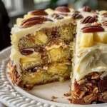 Delicious Southern Creamy Pineapple Pecan Cake topped with pecans