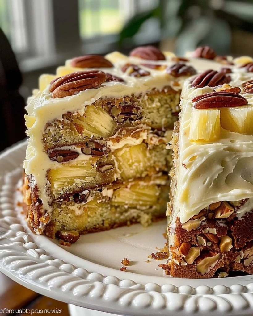 Delicious Southern Creamy Pineapple Pecan Cake topped with pecans