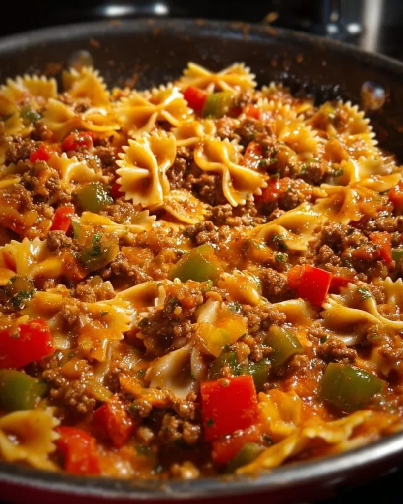 Delicious stuffed pepper pasta skillet cooked in a pan with colorful peppers and pasta