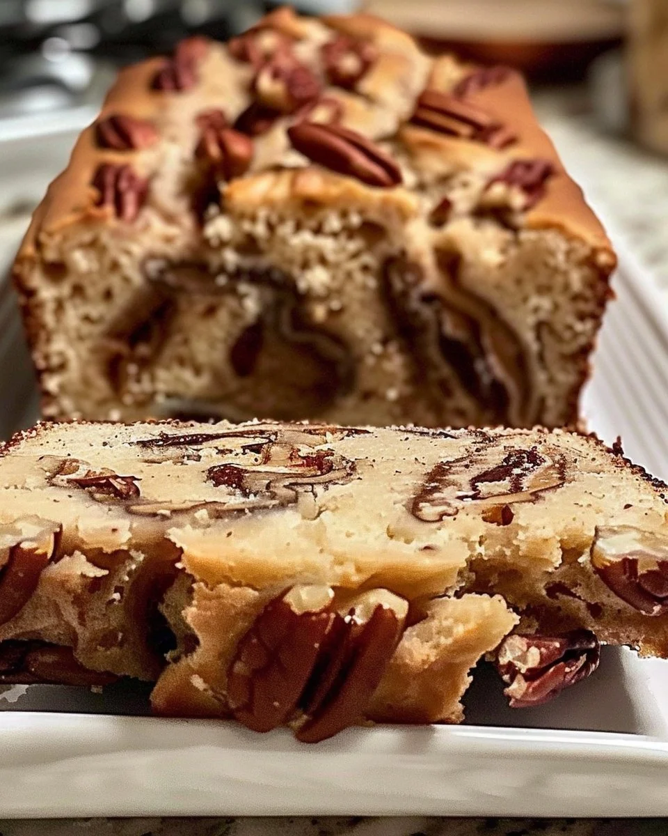 Slice of Sweet Alabama Pecan Bread with walnuts on a wooden table