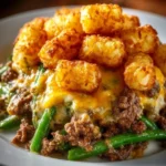 Tater Tot Hamburger Green Bean Casserole topped with crispy tater tots