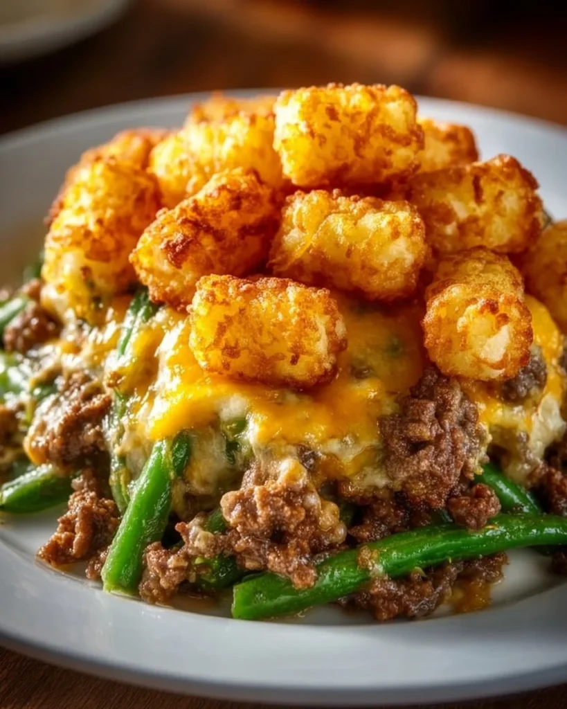 Tater Tot Hamburger Green Bean Casserole topped with crispy tater tots