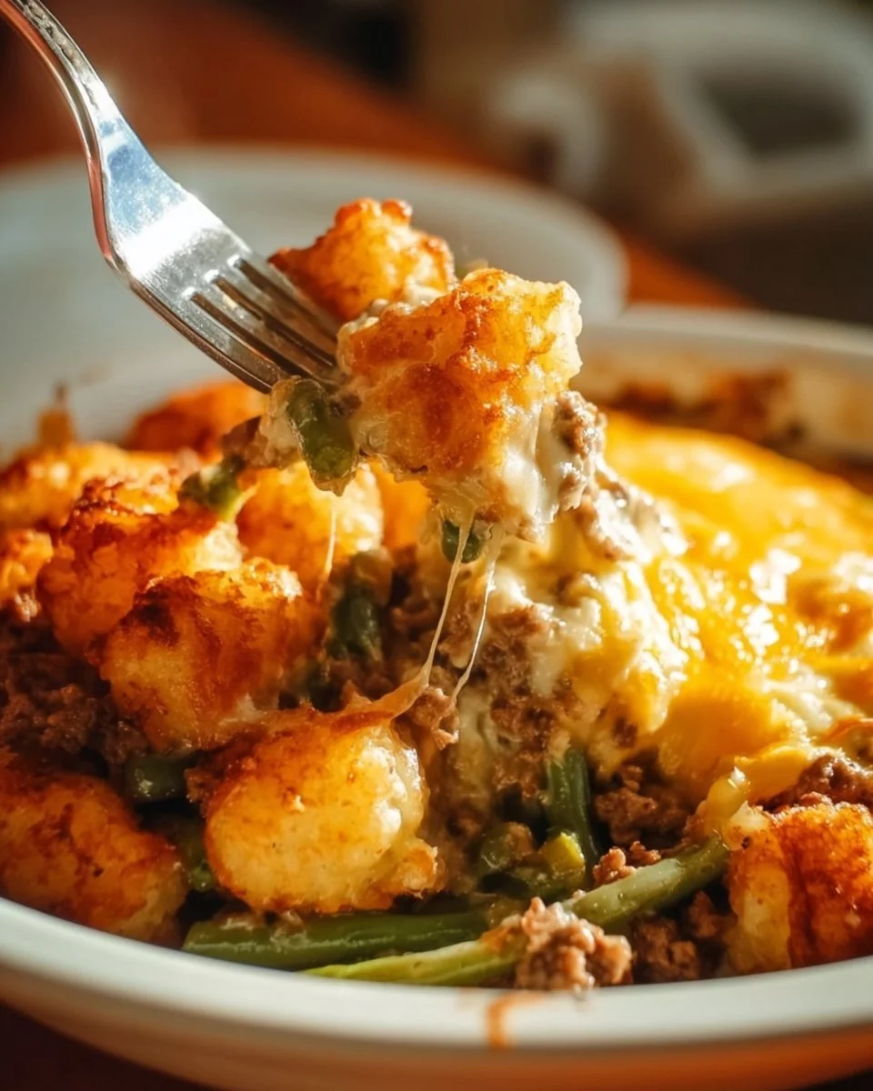 Tater Tot Hamburger Green Bean Casserole served in a dish