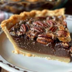 Delicious slice of Texas Chocolate Pecan Pie with chocolate and pecans
