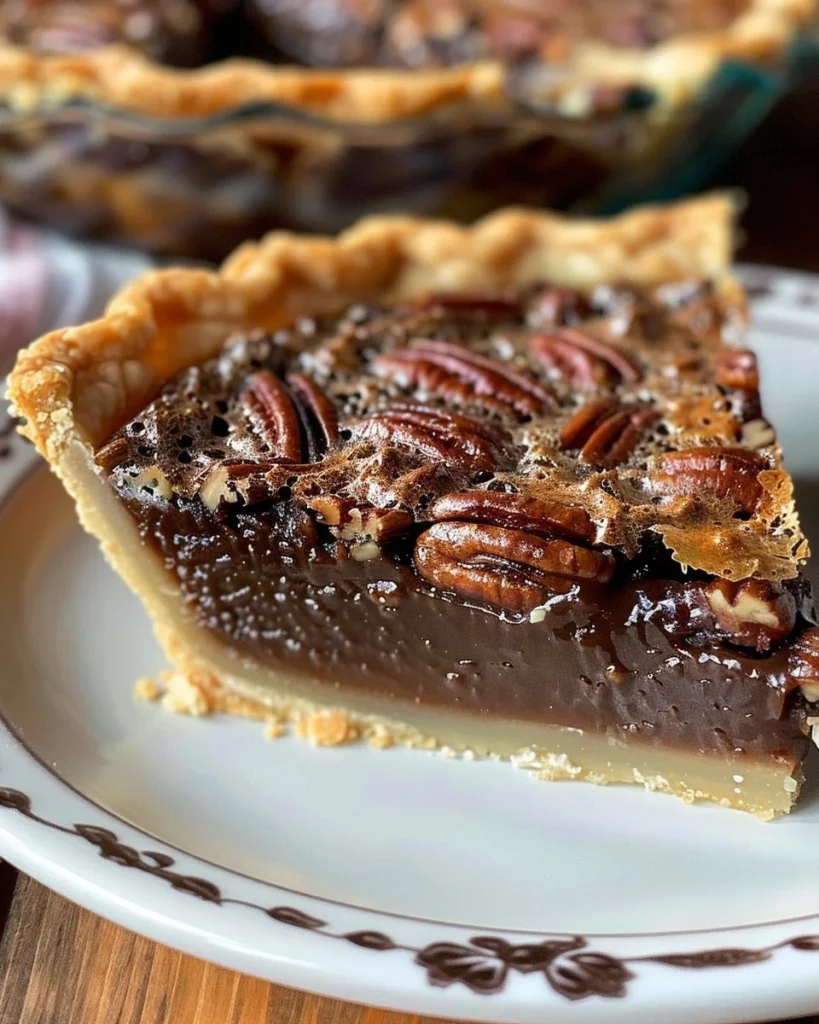 Delicious slice of Texas Chocolate Pecan Pie with chocolate and pecans