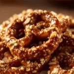 Bowl of irresistible butter toffee pretzels with a glossy finish