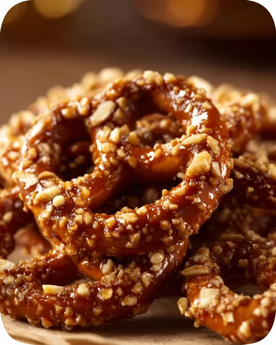 Bowl of irresistible butter toffee pretzels with a glossy finish