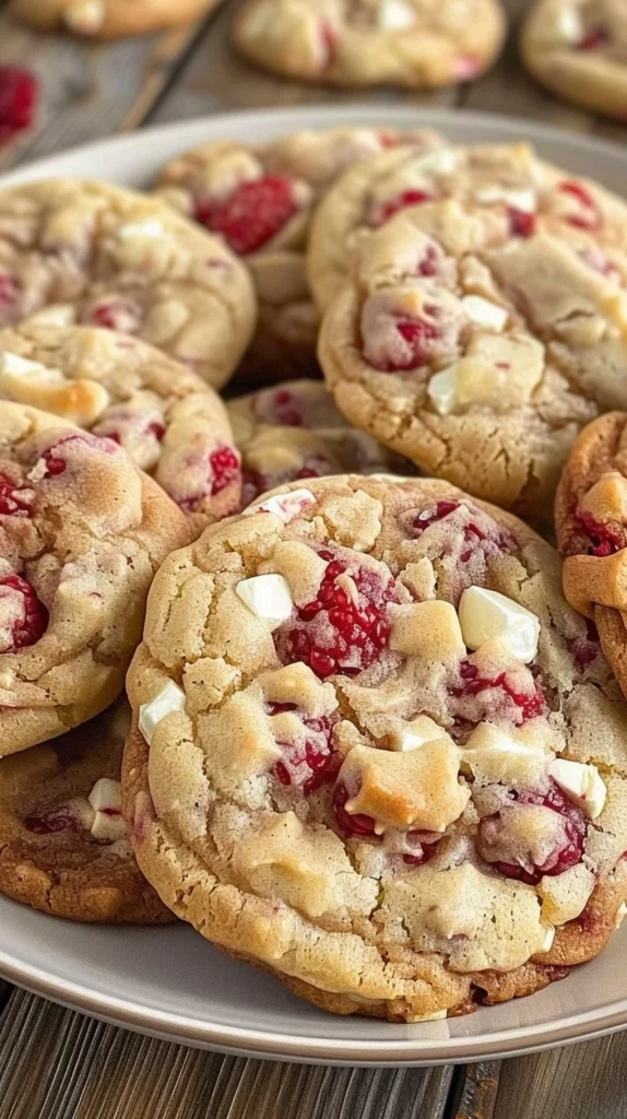 Delicious homemade white chocolate raspberry cookies on a plate.