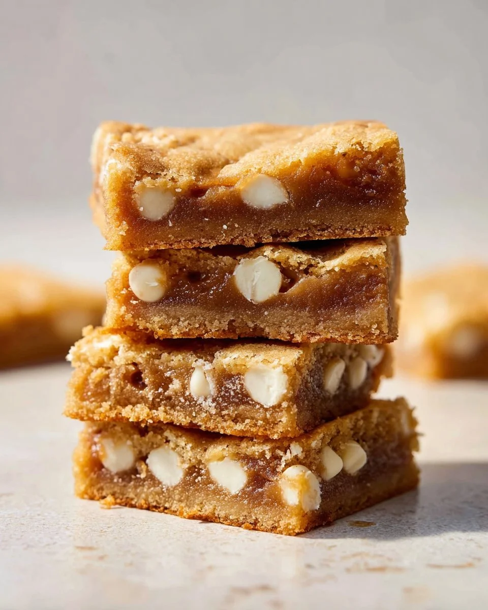 Delicious homemade blondies on a plate, showcasing their chewy texture and golden color