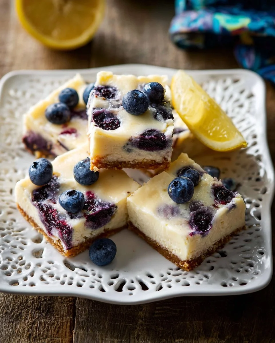 Delicious Blueberry Cheesecake Bars topped with fresh blueberries and a creamy layer.