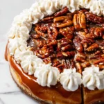 Slice of Brown Sugar Pecan Cheesecake topped with pecans and caramel sauce.